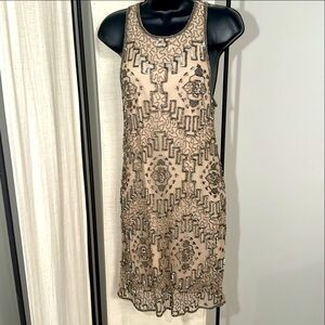 Altar’d State nude beige brown beaded sequin flapper mesh sleeveless party dress